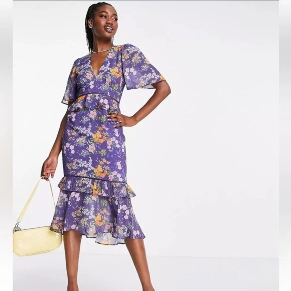 Hope & Ivy Tammie V-neck Midi Tea Dress with Peplum Waist & Tiered Ruffles NWT